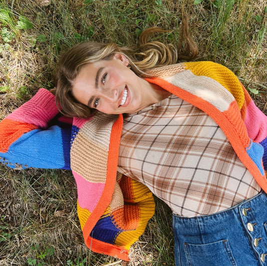 Outfit featuring color block cardigan and plaid top