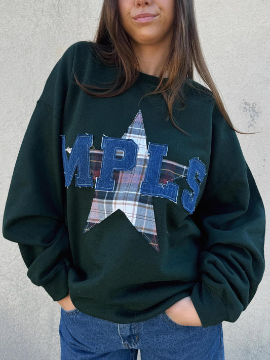 QO  Green & Denim Crewneck