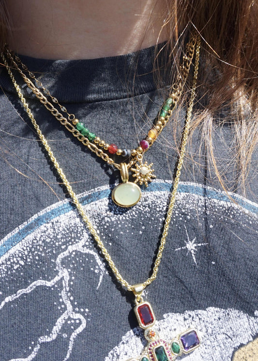 Gold Chain Necklace with Colored Beads and Sunburst Charm
