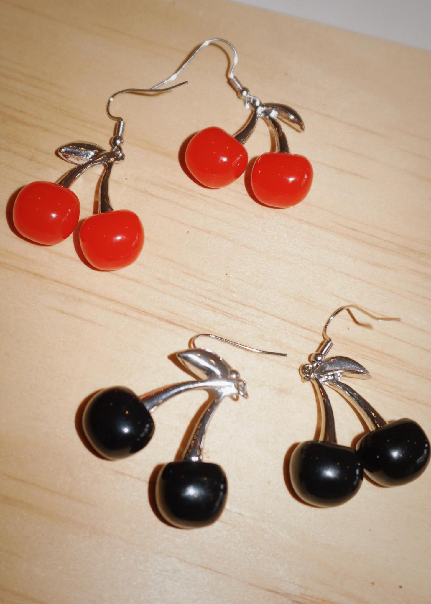 Black and Red Cherry Earrings with Silver Finish