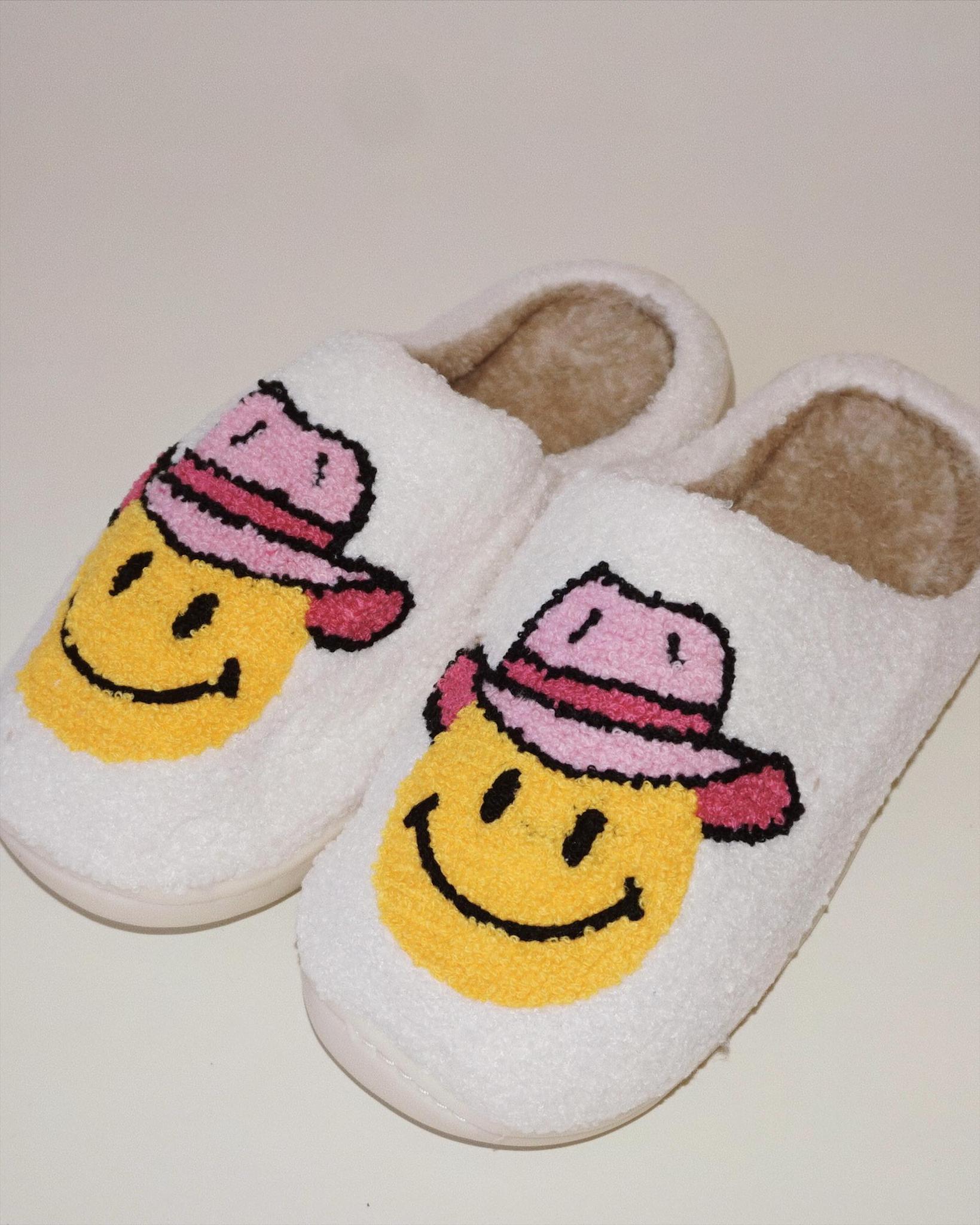 Fuzzy Cowgirl Smiley Face Sherpa Slippers