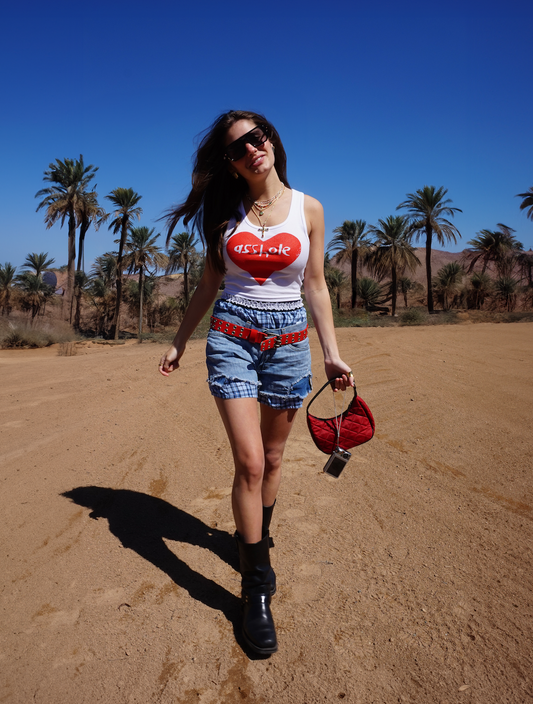 Cropped Baby Tank Top with Reworked Vintage Denim Shorts