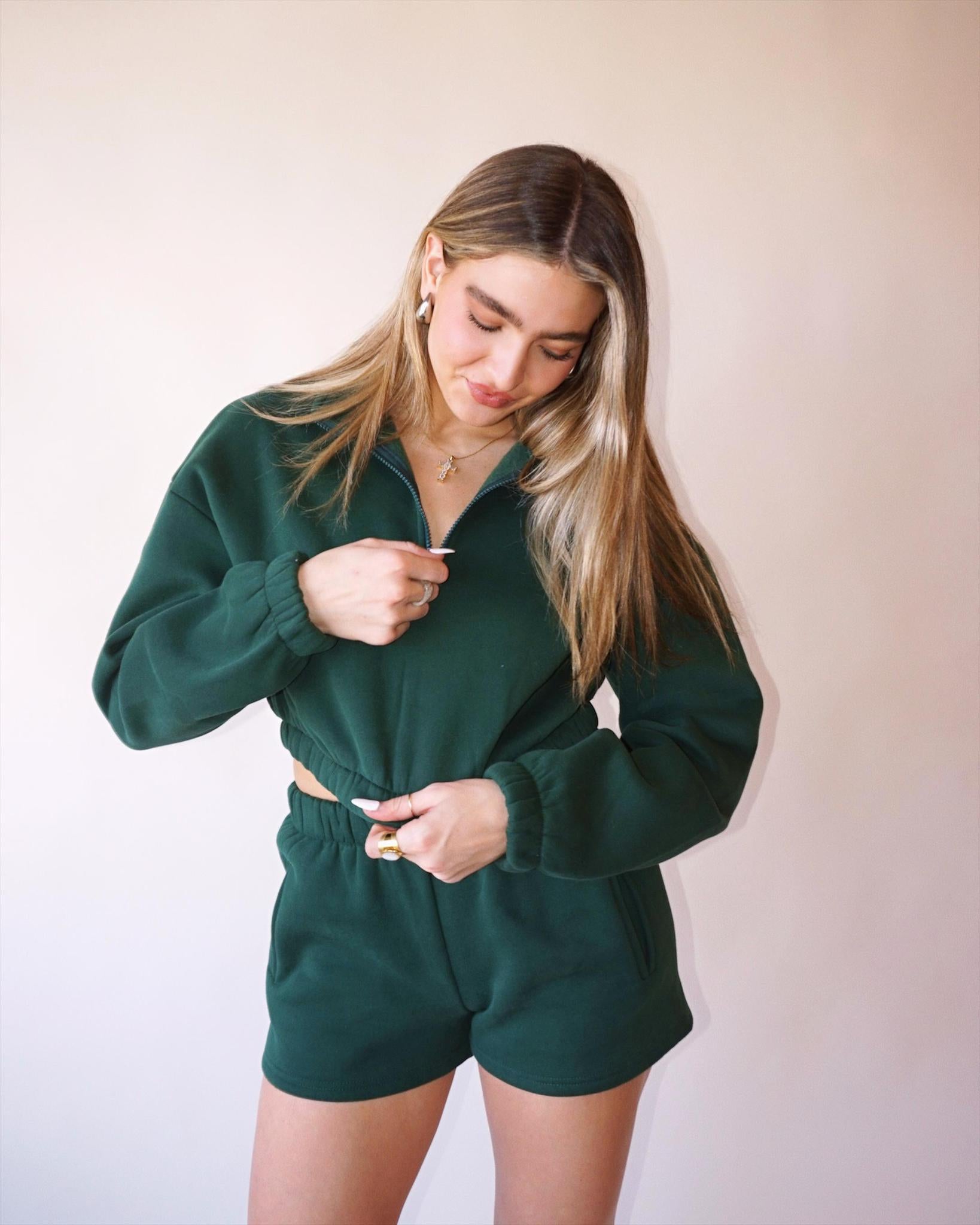Cropped Fleece Pullover with 1/2 Zip and Matching Shorts