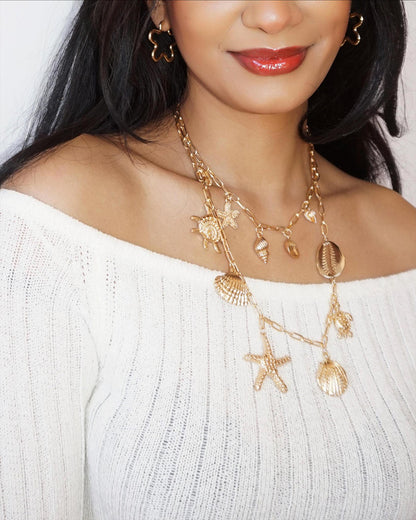 Gold Sea Shell Charm Layered Necklace