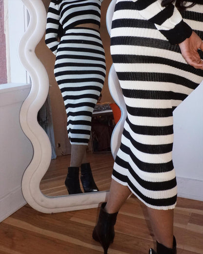 Black and White Striped Set with Long Sleeves and Maxi Skirt