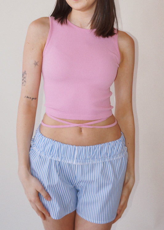 Pink Ribbed Cropped Tank Top with Tie Detail