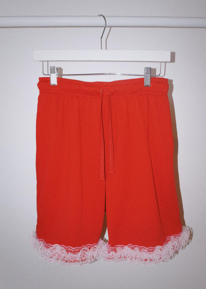 Reworked Vintage Red Basketball Shorts with Lace Hem