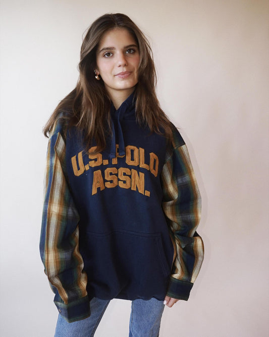 Reworked Vintage Polo Hoodie with Flannel Sleeves
