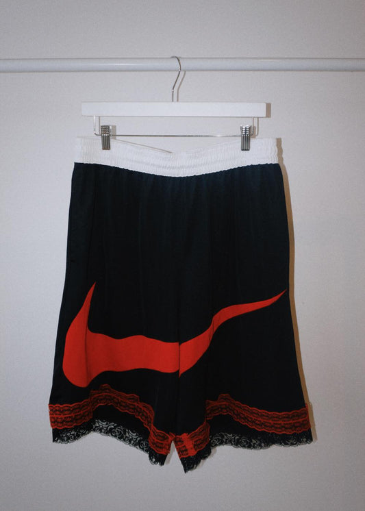 Reworked Vintage Nike Swoosh Basketball Shorts with Lace Hem