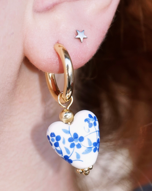 Blue and White Heart Shaped Drop Earrings