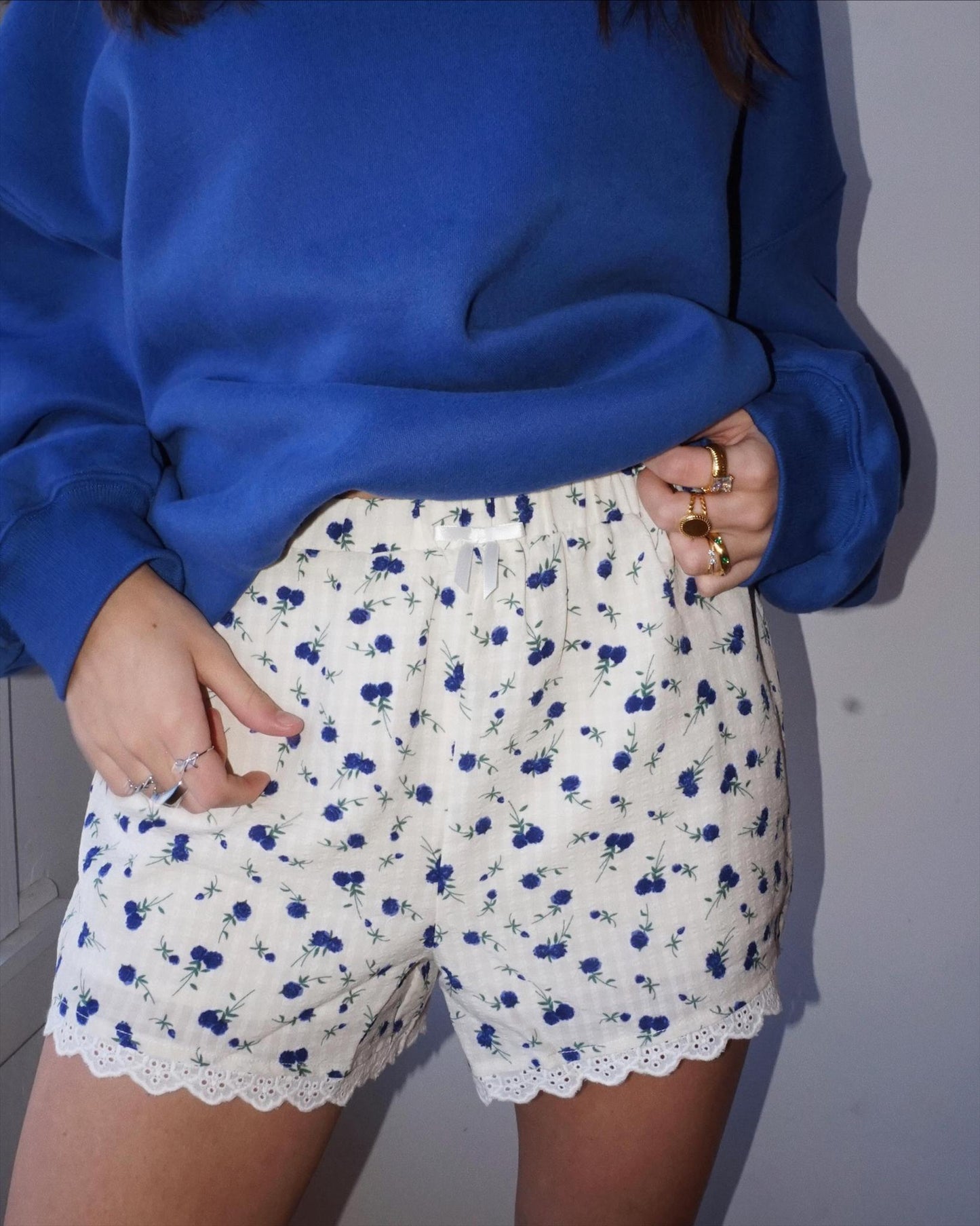 Lightweight Blue and White Floral Shorts with Lace Hem